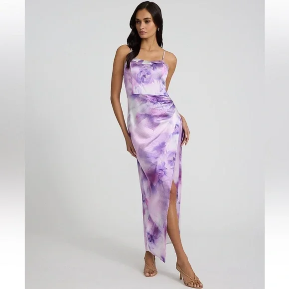 sweetheart floral ruched long formal dress Zapakasa Women Blue Floral Corset Neck Scarf Long Wedding Guest Dress  Chiffon A Line Sweetheart Ruched Bridesmaid Dress with Slit main image 0